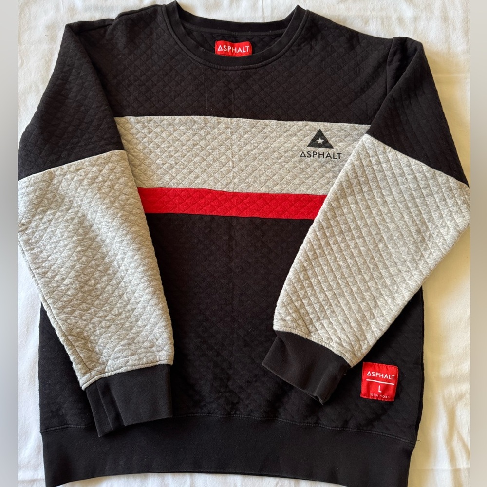 Asphalt Black Quilted Crewneck Sweater with Gray Panels and Red Stripe
